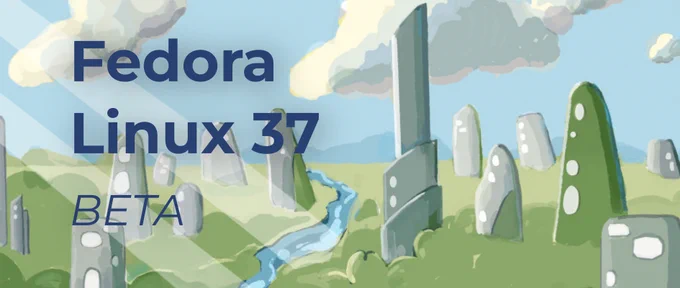 Fedora Linux 37 desktop background - a digital painting of building-like objects on a green field with a stream running throught it and clouds in the background