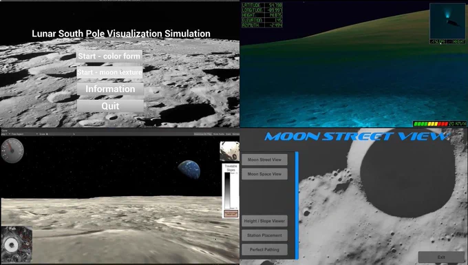 Split screen showing 4 different lunar surface navigation interfaces previously entered into the App Development Challenge
