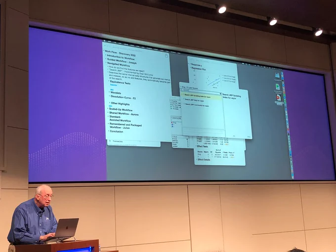 John Sall presenting at a plenary session at JMP Discovery Summit Americas 2022.