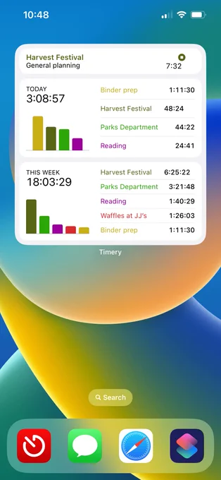 iPhone Home Screen with a Timery widget showing the current time entry and times tracked today and this week. Some duration text is misaligned caused by a bug in iOS 16.