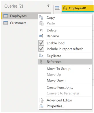 Reference button in the right click contextual menu inside the Queries Pane