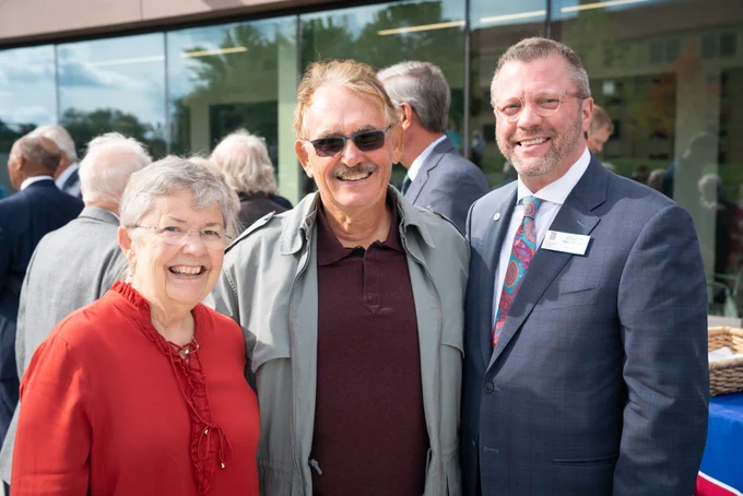 From left: Jamie Dylenski '98 (donor), Tom Page, '71, '76 (donor and previous Spirit Award honoree), Donald Taylor (University President)