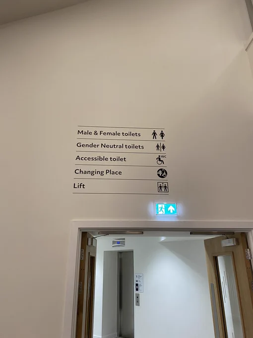 Signage above a doorway highlighting toilet facilities including a changing places facility