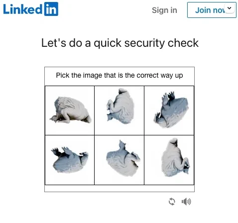 A website CAPTCHA shows six unusually white plucked turkeys in varying orientations, asks the user to select which is the right way up. How odd. 
