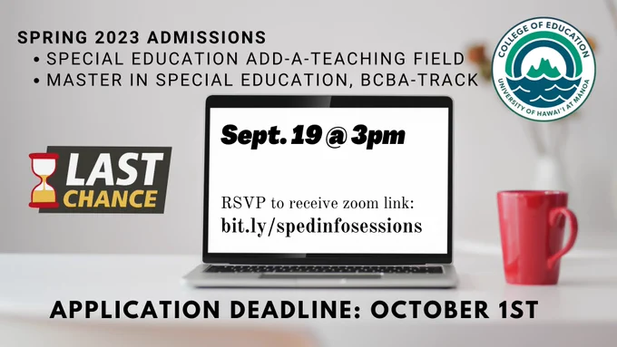 Accepting applications to our Special Education add-a-teaching-field or our Master in Special Education, BCBA-Track programs for Spring 2023 admissions. Application deadline is October 1st. Last chance to attend an information session to learn more about the program or how to apply. Info session will be held on Monday, Sept. 19th at 3pm. RSVP at bit.ly/spedinfosessions to receive the zoom link. 