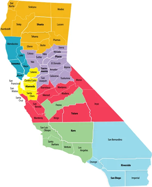 California Counties. Counties in red:  Inyo, Kings, Madera, Mariposa, Merced, Mono, Monterey, Santa Cruz, San Benito, Stanislaus, Tulare