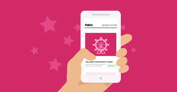 A mobile phone displays a sample Patch email newsletter about a local event