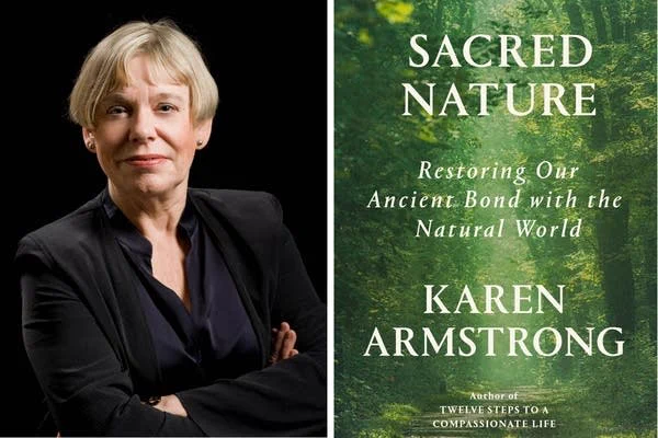 Two images side by side. On the left, a picture of author Karen Armstrong. On the right, the bookcover for "Sacred Nature"