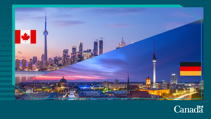 Skylines of Toronto, Canada, and Berlin, Germany.