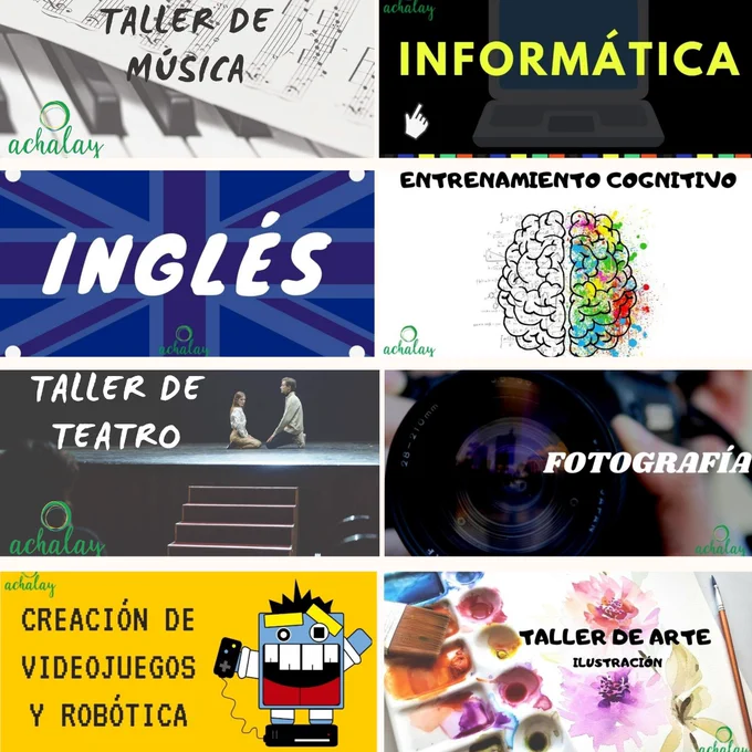 Cartel de los 8 talleres de la Asociación Achalay