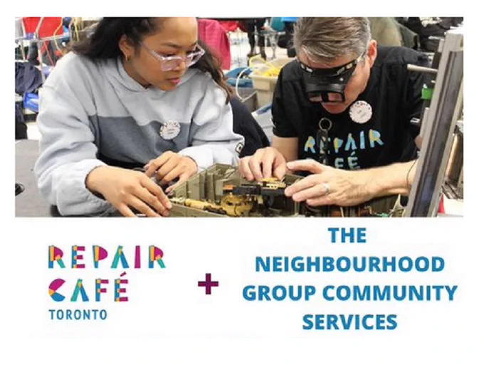 Young woman, long dark hair and glasses, gazes intently at a person in a Repair Cafe T-shirt, wearing goggles, who is leaning over and manipulating pieces of something they are repairing. Sat, Sept 17 12-4 pm  349 Ontario Street. Fix your broken household items: computers, small appliances, home electronics, general housewares, clothing, jewellery, bikes, books, paper, toys etc. Wheelchair accessible. Masks required.