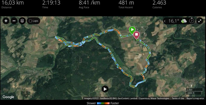 Screenshot of a satellite map showing my running route, leading through rural forests and valleys.

At the top, it states that I ran 16 kilometers in 2h19m at an average pace of 8m41s per kilometer and spent 2463 kilocalories.