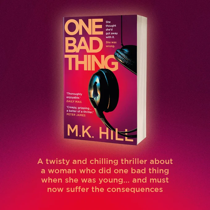 A graphic showing the paperback for One Bad Thing with text beneath. The book cover is a red ombre with the lightest red in the centre with black headphones hanging from their wire. The text matches the post.