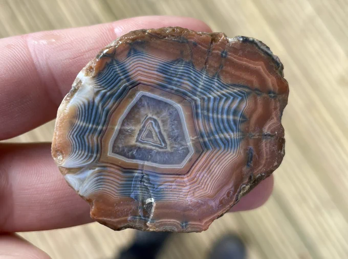Image of two fingers holding an agate which shows intricate banding resembling the fortifications of a castle. The agate displays a variety of colours through orange and blue.