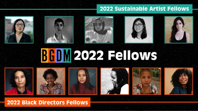 A composite image of headshots of the 11 filmmakers selected for Brown Girls Doc Mafia's 2022 Fellowships against a solid black background.
