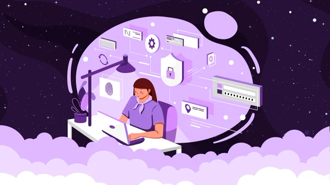 An image of a person sitting at their computer, surrounded by cybersecurity symbols.