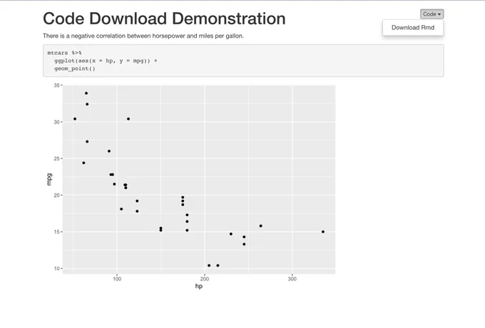R Markdown document with option to download source code by clicking a button that says Download Rmd.