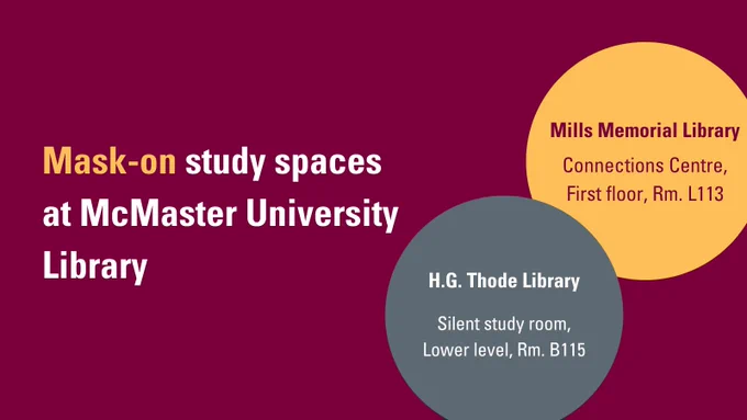 Text reads: Mask-on study spaces at McMaster University Library. Mills Memorial Library, Connections Centre, first floor, Rm. L113. H.G. Thode Library, silent study room, lower level, Rm. B115.