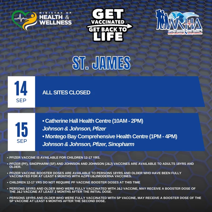 St. James Vax Schedule, Sept. 14 & Sept. 15.