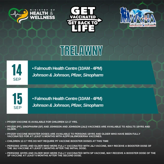 Trelawny's Vax Schedule, Sept. 14 & Sept. 15. 