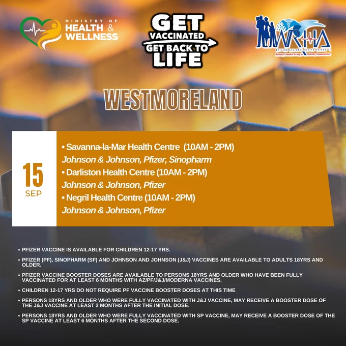Westmoreland Vax Schedule, Sept. 15
