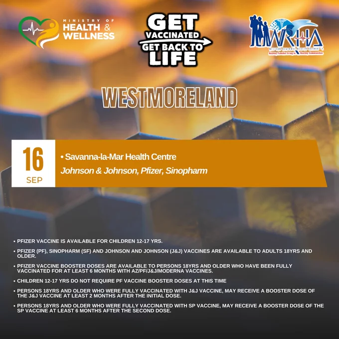 Westmoreland Vax Schedule, Sept. 16