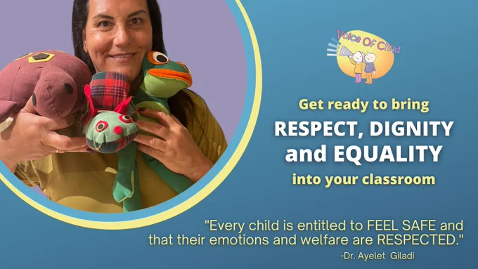 Dr. Ayelet Giladi is holding the 3 stuffed animals who are apart of her Taking A Stand program with the text 'Get ready to bring RESPECT, DIGNITY, and EQUALITY into your classroom.' and a quote by Dr. Giladi "Every child is entitled to FEEL SAFE and that their emotions and welfare are RESPECTED."