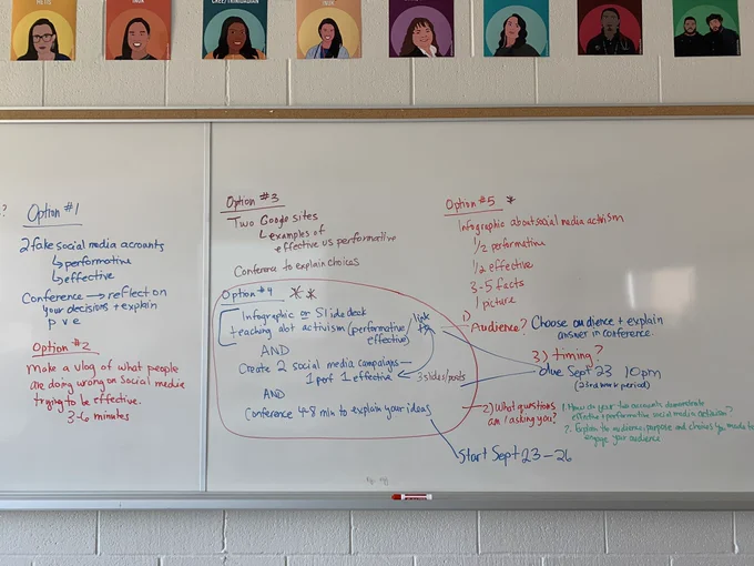 A classroom white board covered with student ideas for the assignment