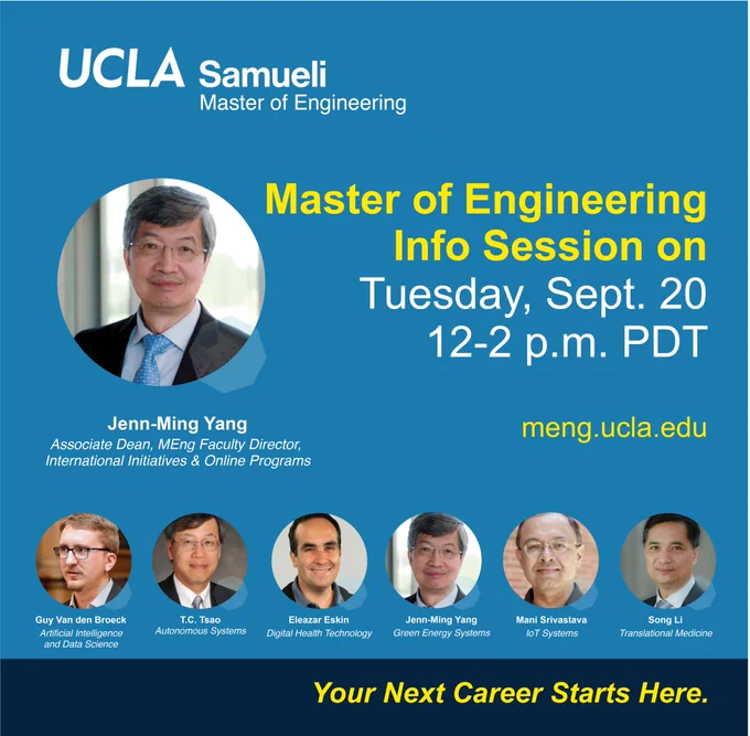 Ready to lead the #future? Become well-versed in the #technical, #business & #management aspects of technology with @UCLAengineering's one-year, full-time, on-campus professional Master of Engineering degree. Learn more at our Sept. 20 info webinar: https://ucla.zoom.us/webinar/register/WN__rFXM6fwRuCi63nx95WmHQ