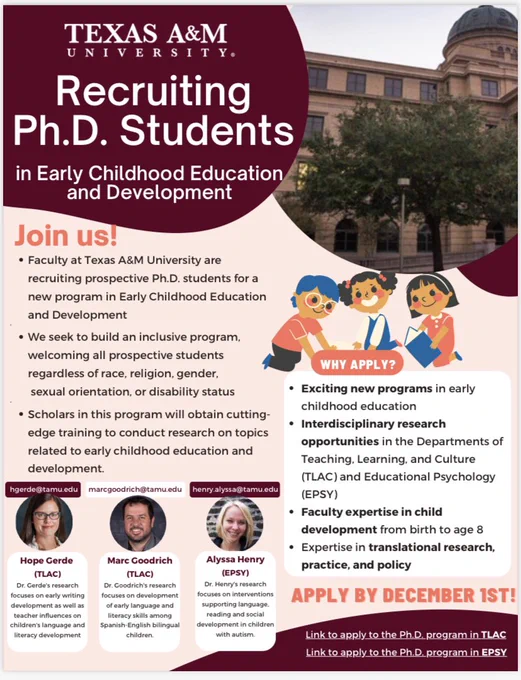 Flyer recruiting new PhD students to study Early Childhood Education and Development at Texas A&M University