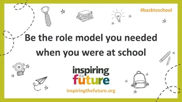 Text: Be the role model you needed when you were at school
inspiringthefuture.org #backtoschool
Plus Illustrations of school items including tie, pencils, bag, stars and lightbulb