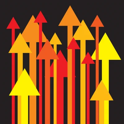 red, orange, and yellow arrow with a black background pointing up