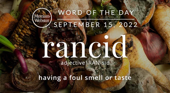Merriam-Webster Word of the Day September 15, 2022 "rancid" adjective | RAN -sid 'having a foul smell or taste' Background image: a bunch of rotten fruit and vegetables