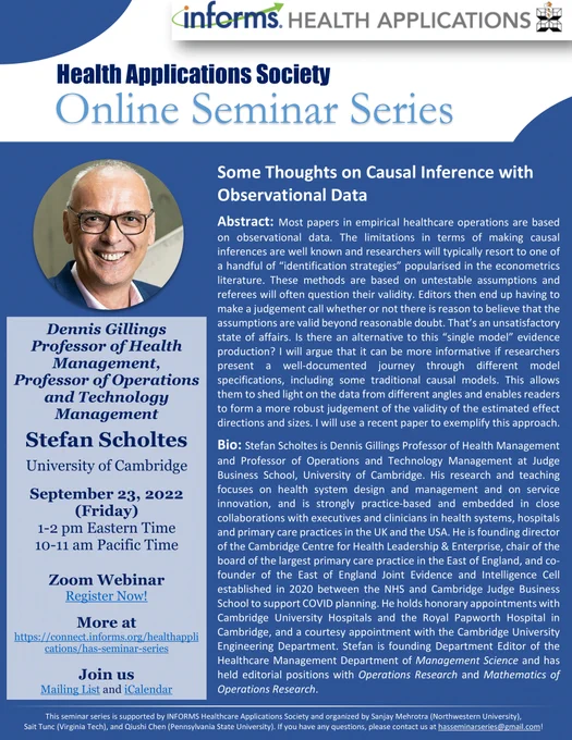 Dr. Stefan Scholtes's HAS Seminar "Some Thoughts on Causal Inference with Observational Data" on Friday Sept. 23 2022 1pm ET/10am PT
