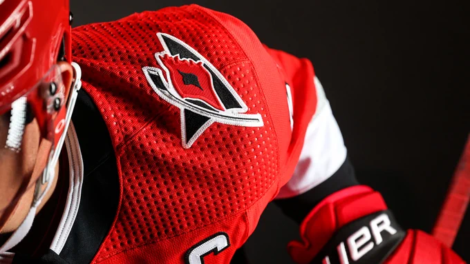 Photo of the shoulder of the Canes 25th Anniversary sweater, featuring the former alternate logo