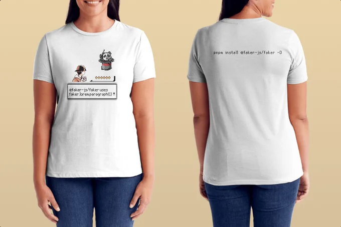A t-shirt with Faker.js as a very pixelated pokemon. Full API (attack) methods available on our docs site.

This is your sign to update all of your faker imports in your tests if you haven't yet. pnpm install @faker-js/faker -D