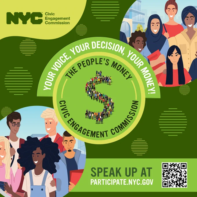 On a green colored background reads the words Your Voice, Your Decision, Your Money! The People's Money Civic Engagement Commission. Submit your idea at participate.nyc.gov. The images in the top right and lower left corners show groups of diverse of young people standing together and smiling. Amidst the text in center of the image is a dollar sign symbol, which we see is made of many small people standing together to create the dollar sign's shape.