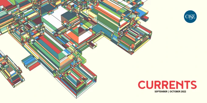 This graphic advertises the September/October issue of Currents with a colorful drawing of a campus building. This issue focuses on faculty partnerships.
