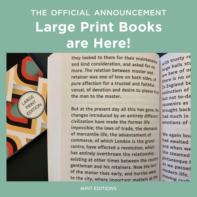 Picture of two books. One open with large print text. One with a large print edition sticker. Text reads: The Official Announcement: Large Print Books are Here!