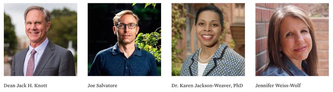 Photos of speakers Dean Jack Knott, Joe Salvatore, Dr. Karen Jackson-Weaver, and Jennifer Weiss-Wolf. 