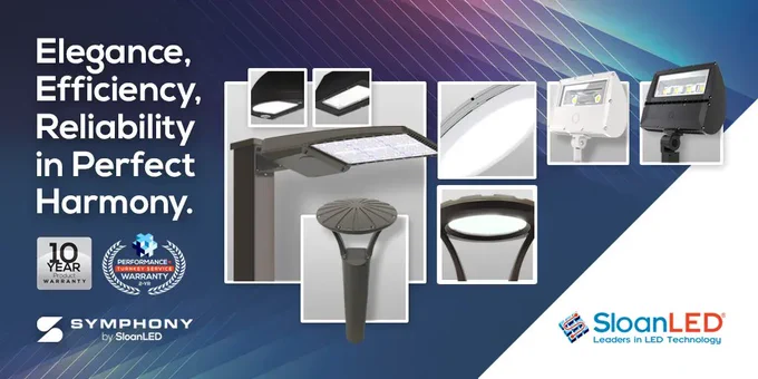 Graphic advertising the Symphony series. Images of: 10 year product warranty, Performance   Turnkey service warranty 2-yr, Symphony by SloanLED logo, Symphony Wall Mount Luminaire, Symphony Area Light, Symphony Garage Lighter, Symphony floodlight, Symphony Bollard, Symphony Post Top LightText reads: Elegance, Efficiency, Reliability in Perfect Harmony. 