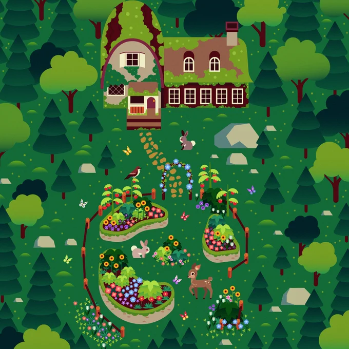 A beautiful garden in the middle of the words in a greenery-covered cottage. Bunnies, birds, deer, and butterfly gather around the colorful, vibrant floral garden.