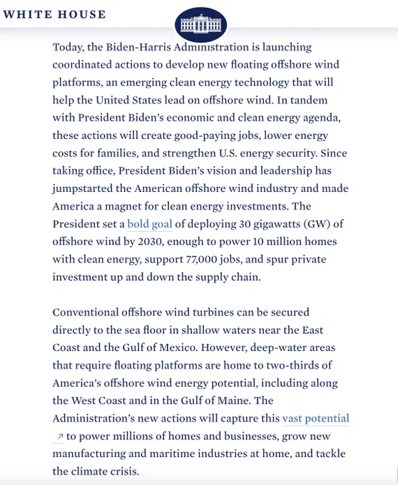 Screenshot of the White House Floating Offshore Wind Energy Earthshot Fact Sheet