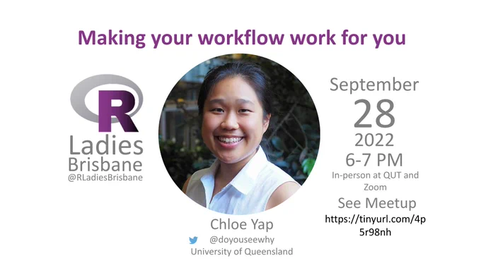 An event poster for R Ladies Brisbane entitles "Making your workflow work for you" presented by Chloe Yap from The University of Queensland. The event will be held on September 28th 6pm AEST in-person at QUT or on Zoom. Register at the Meetup even via https://tinyurl.com/4p5r98nh.