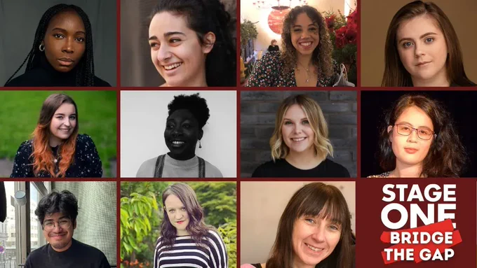 A grid with dark red lines, and headshots of the new cohort of producers. In the bottom right corner is the Stage One logo. 