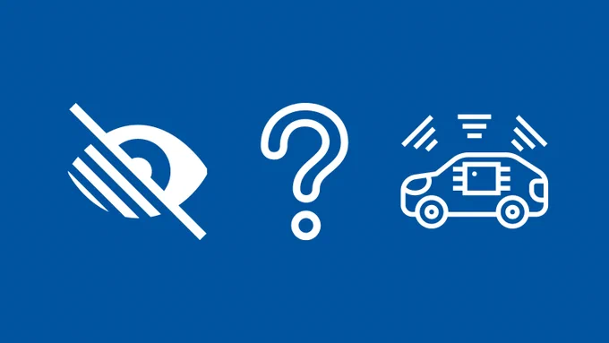 The image shows a blue layout with three white logos. On the left, there is the logo for Visual Impairment (which consists of an eye slashed in two halves, with one of them being completely in stripes). In the middle, there is an interrogation sign and on the right, there is the logo of a CAV. 