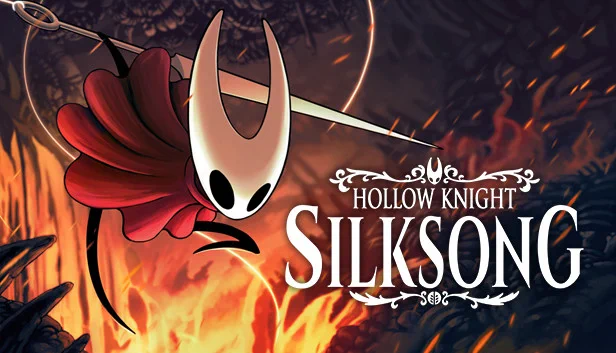 Hornet wields her needle as she leaps over flames, red cloak billowing