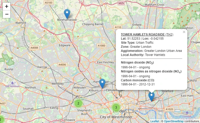 A screenshot of an interactive map from the openairmaps package. This shows AURN sites in London, with more specific details being shown for Tower Hamlets Roadside.