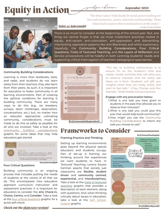 Pictured is a one page document called Equity in Action with three columns of text. There is an image of three students smiling at each other. There are three other graphics included (a brown and gold one; a pink and brown one, a multi-coloured one that has four squares with a circle in the middle, and one that features three circles of mauve, dark organge, and gold, respectively. The plain text version is found using the following link: https://docs.google.com/document/d/1jjEr_fycd53Lk68wg_Iy70OOADu2JIFUVeUBGLc-Jf8/edit?usp=sharing
