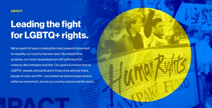 Royal blue background with a bright yellow circle highlighting the phrase "human rights" and two men with their fists raised in the air. Text supports fighting for LGBTQ  rights. 